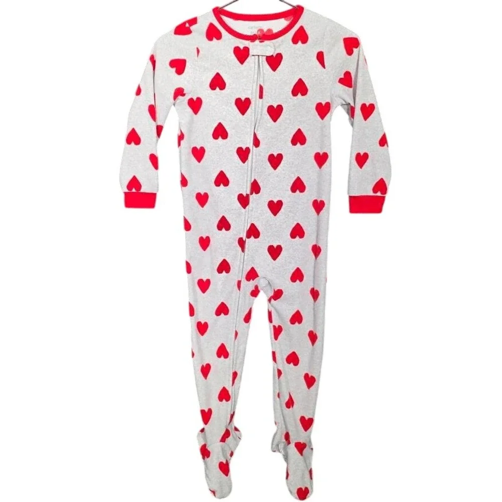 Carters Toddler Girls 4T Gray Red Heart Fleece Footed Sleeper Pajamas ZIP UP